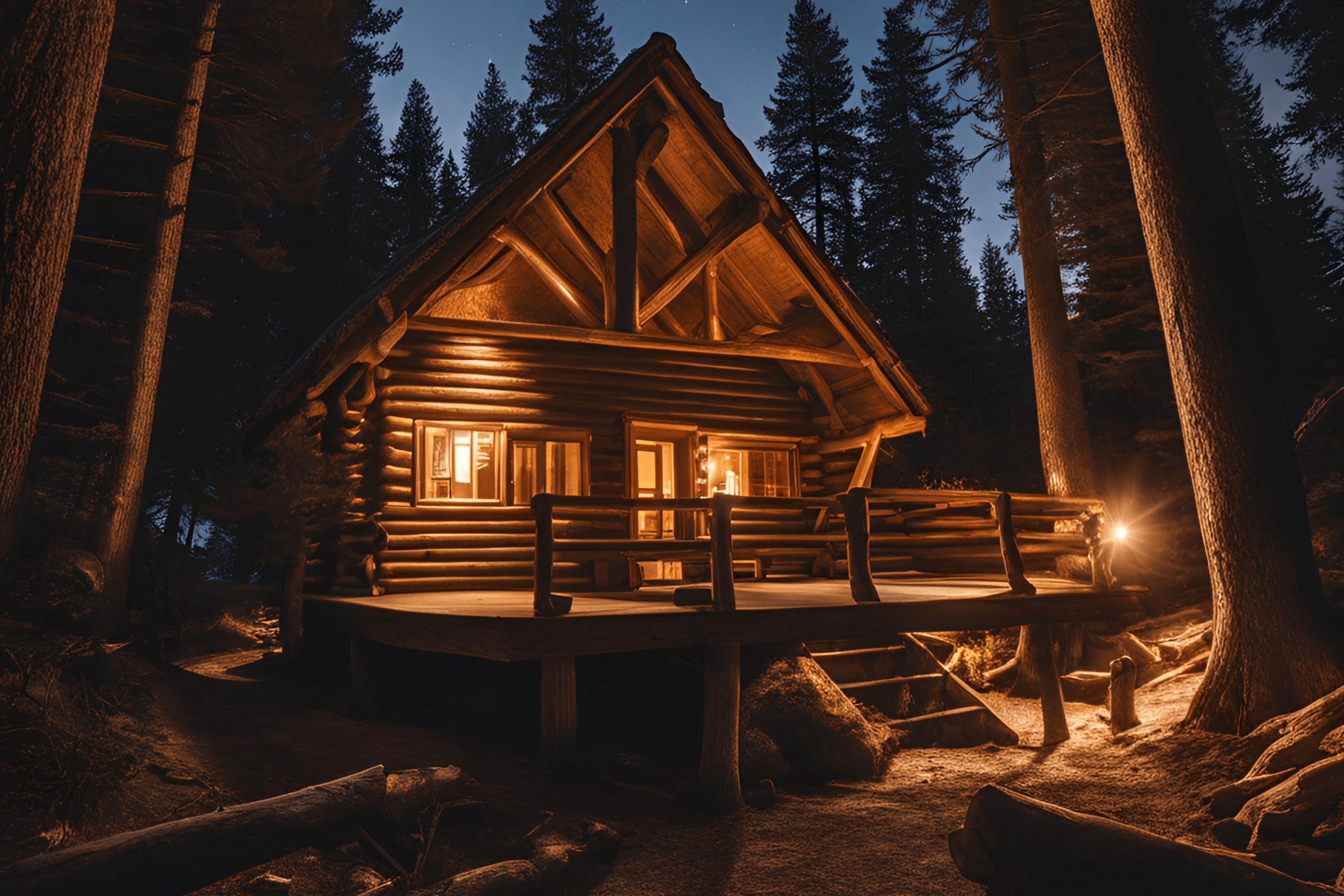 Mountains and forests with two cabins
